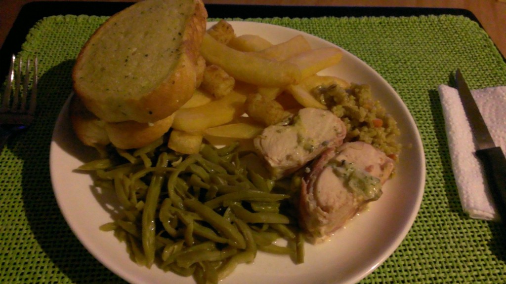 dinner-bacon-wrapped-chicken-rice-green-beans-french-fries-tater-tots-texas-toast