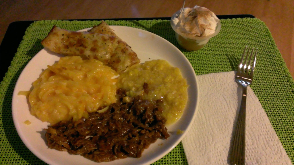 dinner-bbq-pulled-pork-italian-cheese-bread-cream-corn-shredded-cheesy-potatoes-fruit-cup-whipped-cream-cinnamon