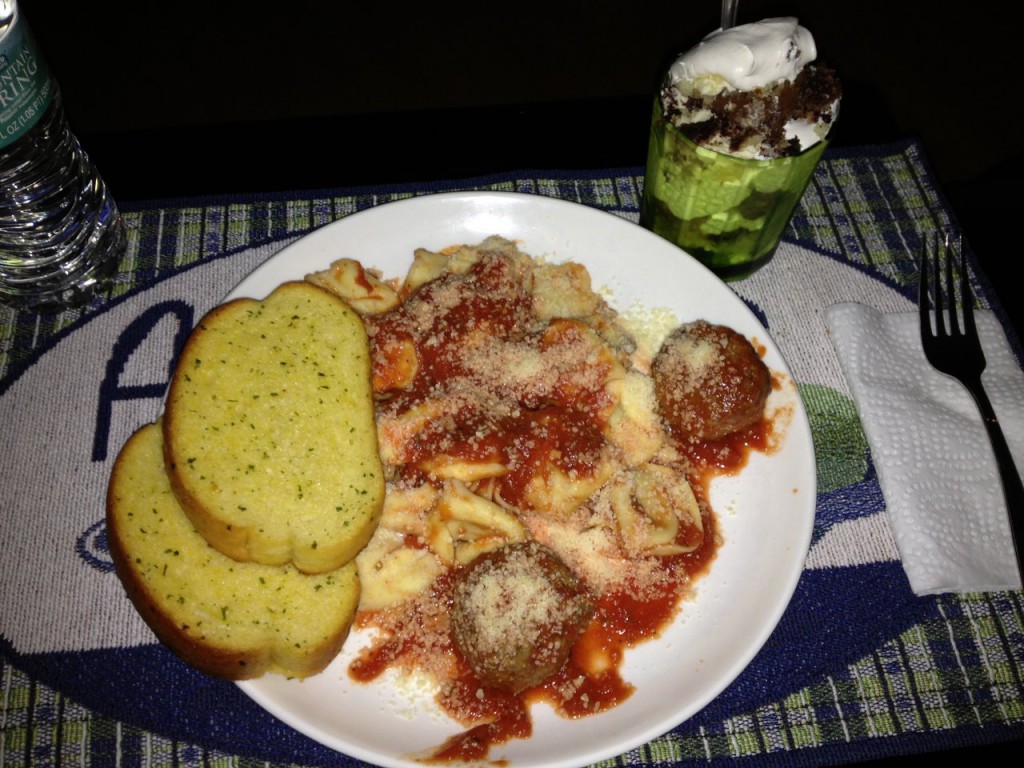 dinner-cheese-tortalini-meatballs-texas-toast-garlic-bread-cake-with-whipped-cream