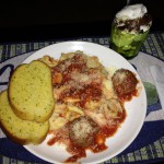 dinner-cheese-tortalini-meatballs-texas-toast-garlic-bread-cake-with-whipped-cream