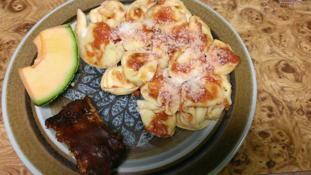 dinner-cheese-tortellini-bbq-ribs-cantaloupe