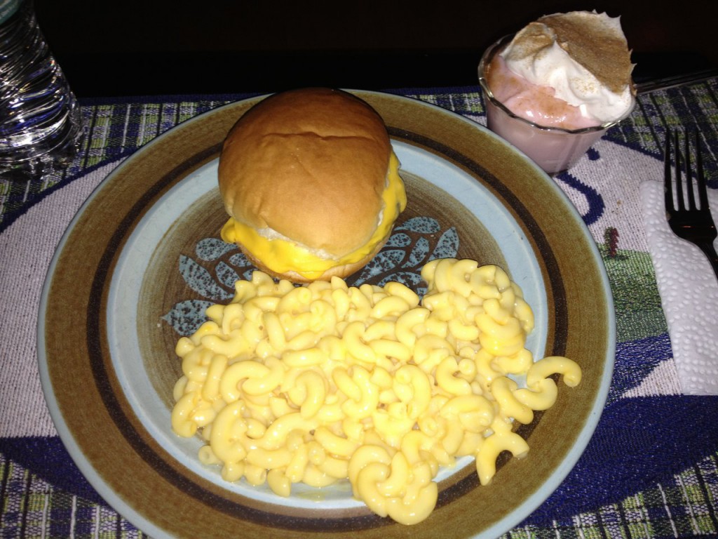 dinner-cheeseburger-velveeta-macaroni-and-cheese-yogurt-with-whipped-cream