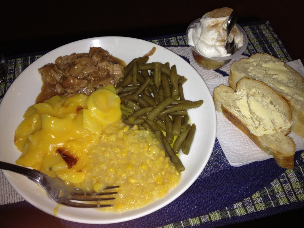 dinner-green-beans-cream-corn-cheesy-potatoes-fruit-cup-buttered-sourdough-bread