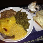 dinner-green-beans-cream-corn-cheesy-potatoes-fruit-cup-buttered-sourdough-bread