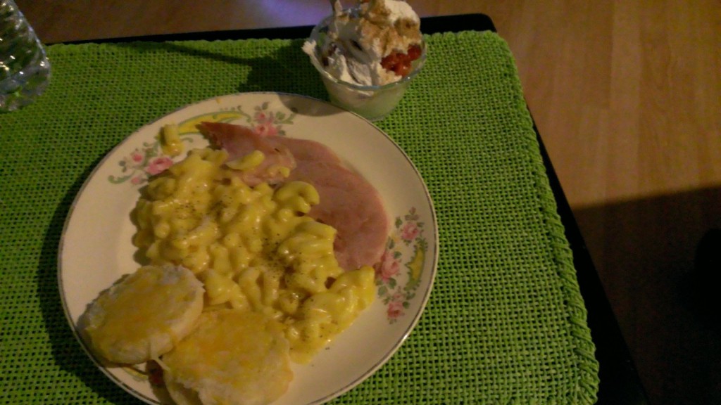 dinner-ham-macaroni-and-cheese-cheesy-biscuits-strawberries-whipped-cream