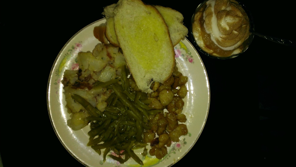 dinner-orange-chicken-bites-green-beans-diced-potatoes-apple-sauce-whipped-cream-cinnamon-buttered-french-bread