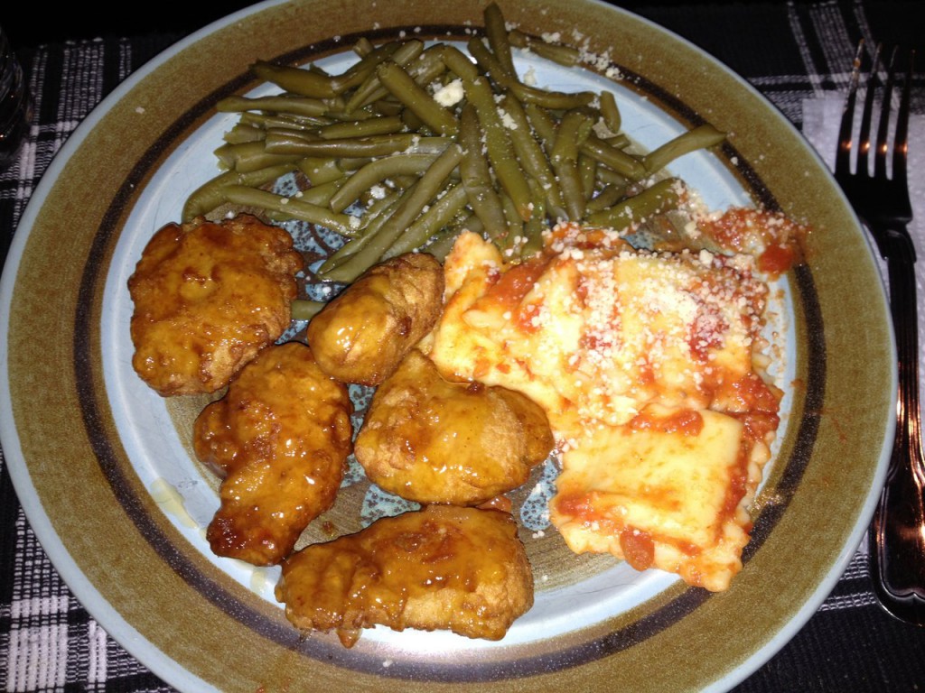 dinner-orange-chicken-cheese-ravioli-green-beans