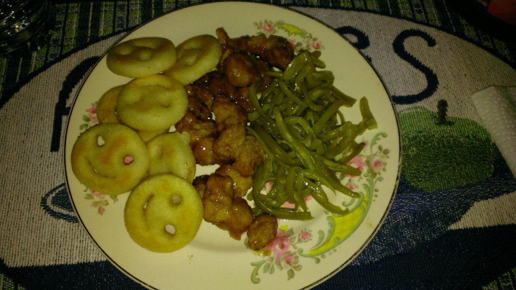 dinner-orange-chicken-green-beans-french-fry-faces