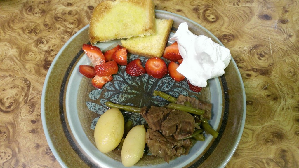 dinner-pot-roast-green-beans-potatoes-strawberries-whipped-cream