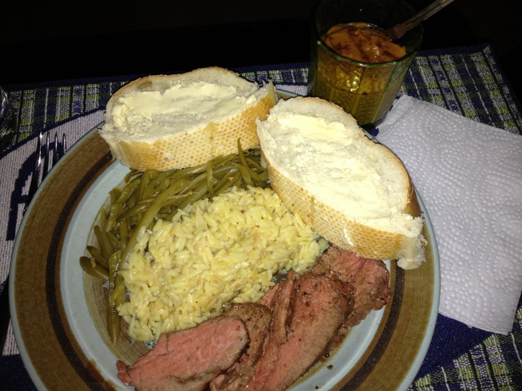 dinner-steak-green-beans-rice-pumpkin-pudding-cinnamon