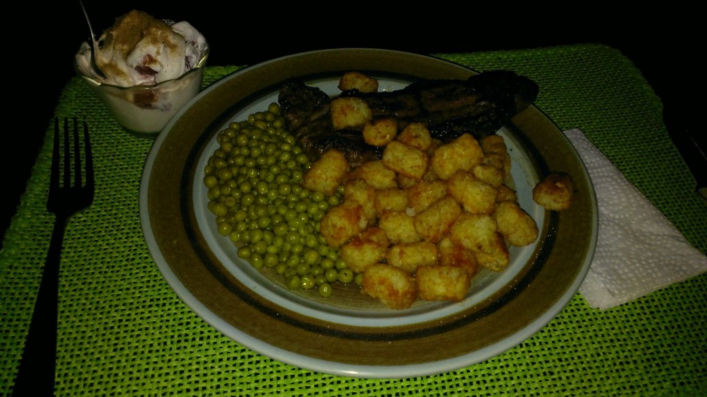 dinner-steak-peas-tater-tots-strawberries-whipped-cream-cinnamon