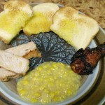 sliced-pork-chicken-leg-garlic-toast-cream-corn