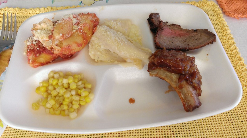 stuffed-shells-tri-tip-steak-corn-bbq-ribs